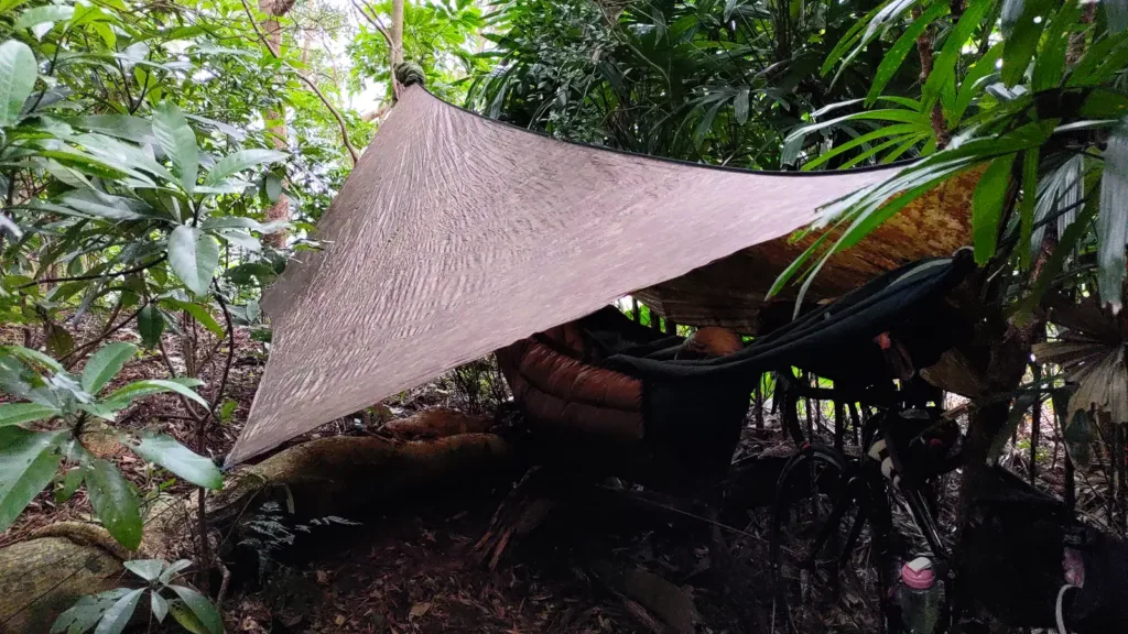 Hammock tarp setup in the jungle