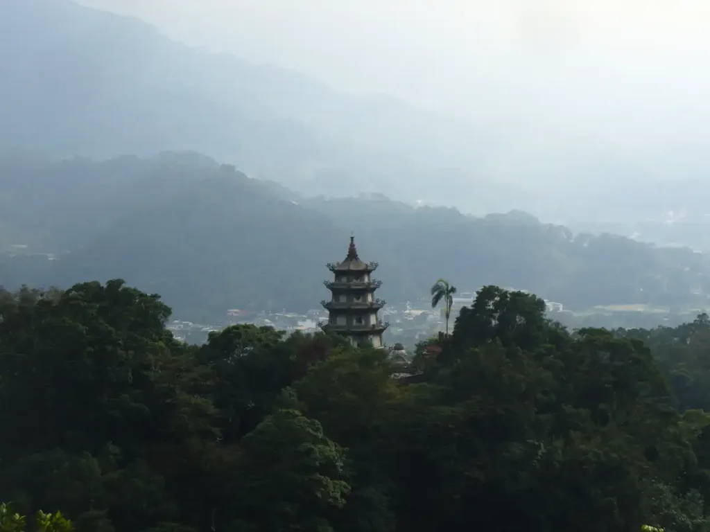pagoda in foggy mountain